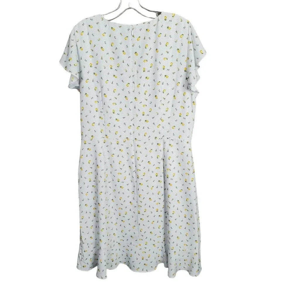 Loft Size 14 Dress Long Gingham Floral Flutter Sleeve Faux Wrap Ruffle Hem Lined - Picture 3 of 15